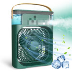 Green desktop fan releasing mist – portable humidifier with LED light