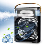 Black desktop humidifier fan with LED light – front view