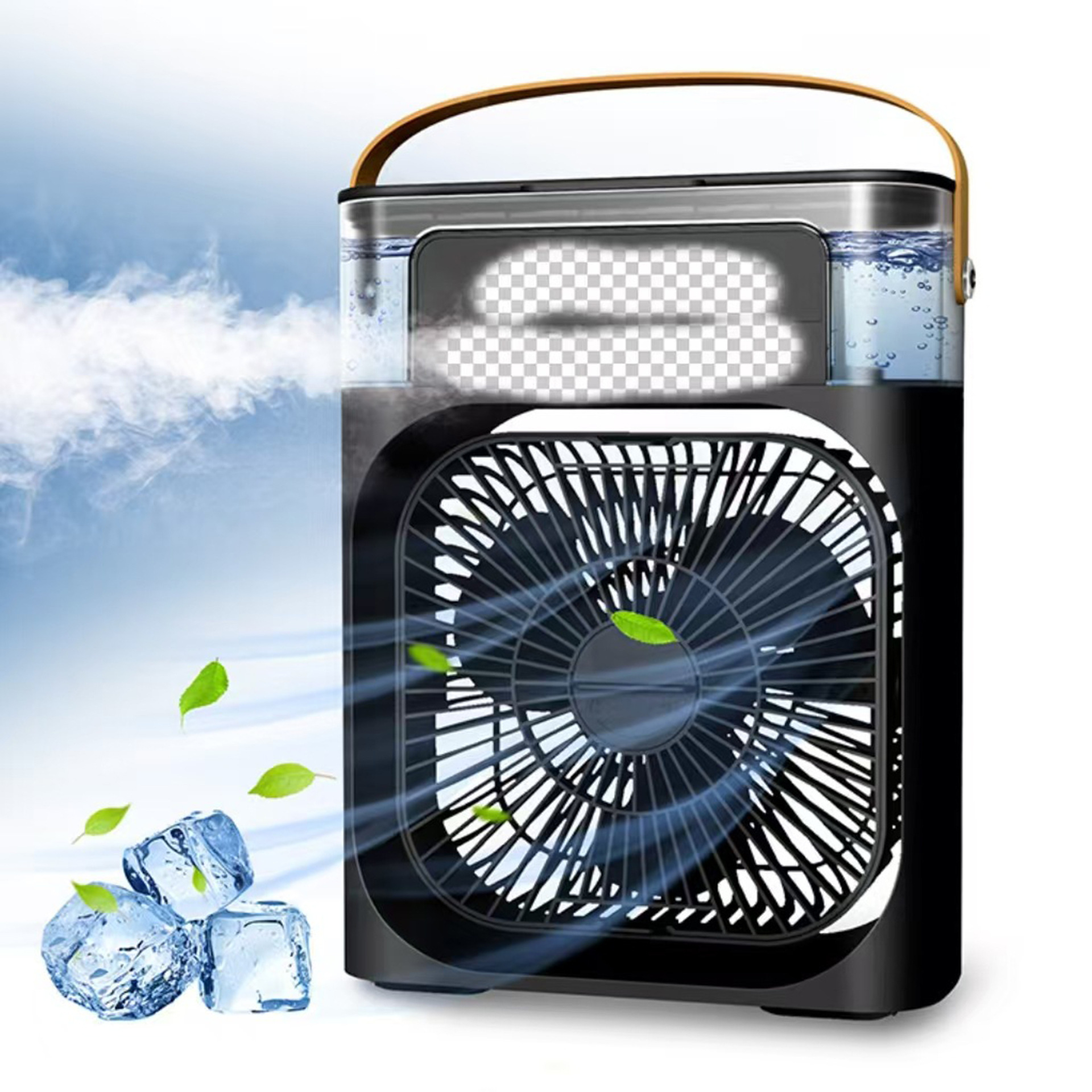 Black desktop humidifier fan with LED light – front view