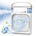 White desktop humidifier fan with LED light – front view