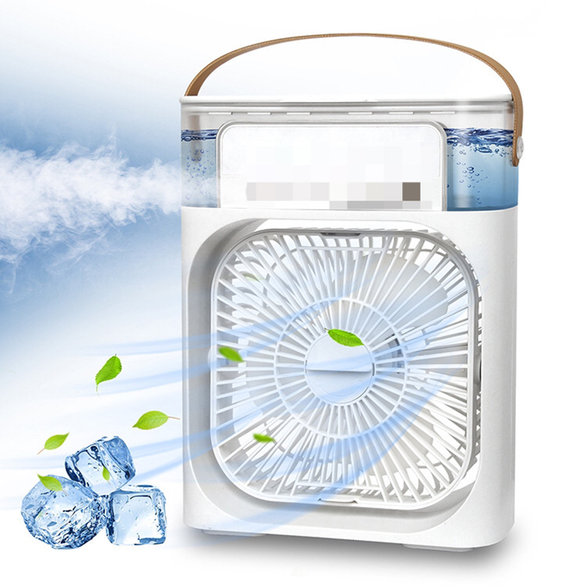 White desktop humidifier fan with LED light – front view