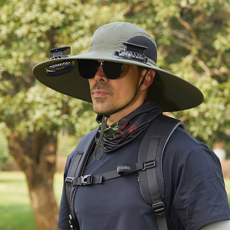 Close-up of detachable dual fan system on the solar hat