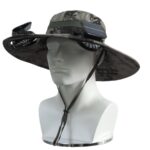 Solar powered bucket hat with dual fans, front view in white