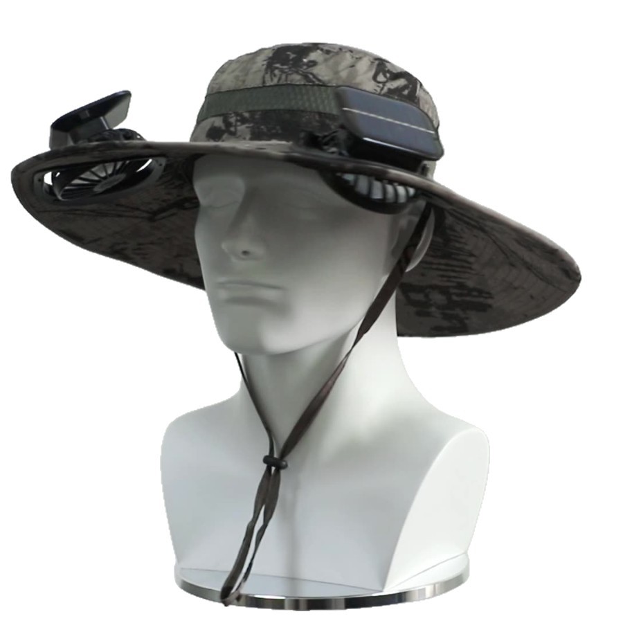 Solar powered bucket hat with dual fans, front view in white