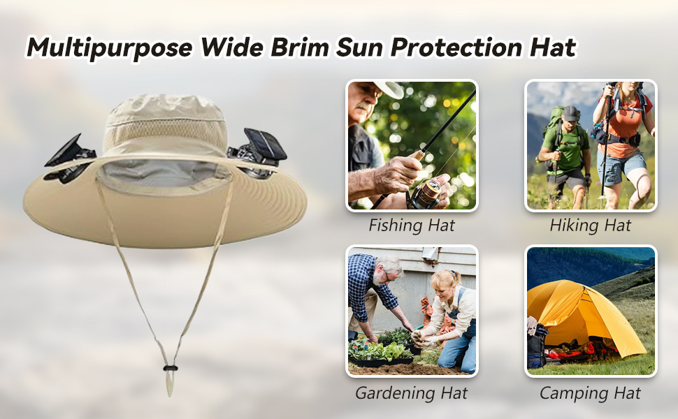 Man wearing solar fan hat during summer hike
