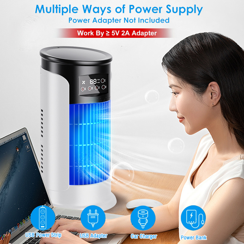 Quiet desktop air cooler in a bedroom setting