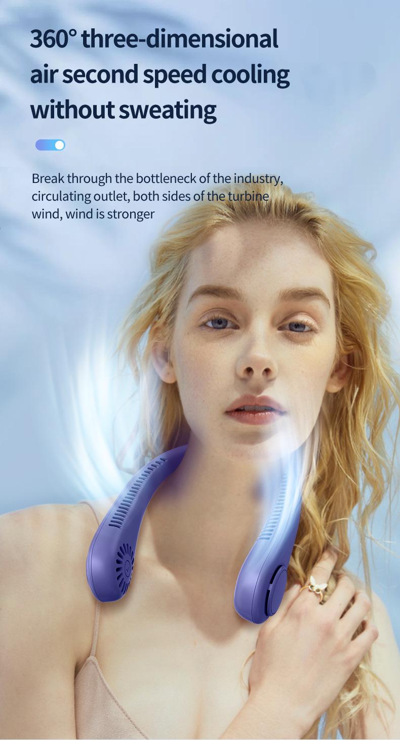 Wearable bladeless neck fan used in office for hands-free cooling