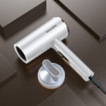 Model using high-speed hair dryer for fast drying and smooth hair