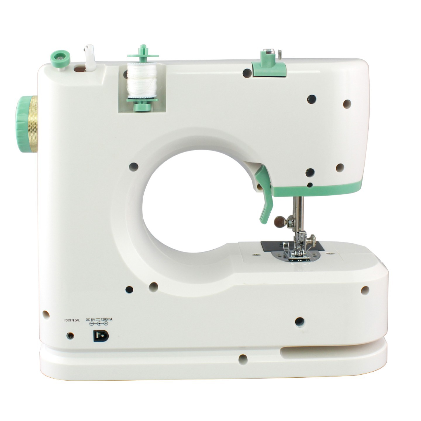 Portable electric sewing machine with foot pedal and hand control