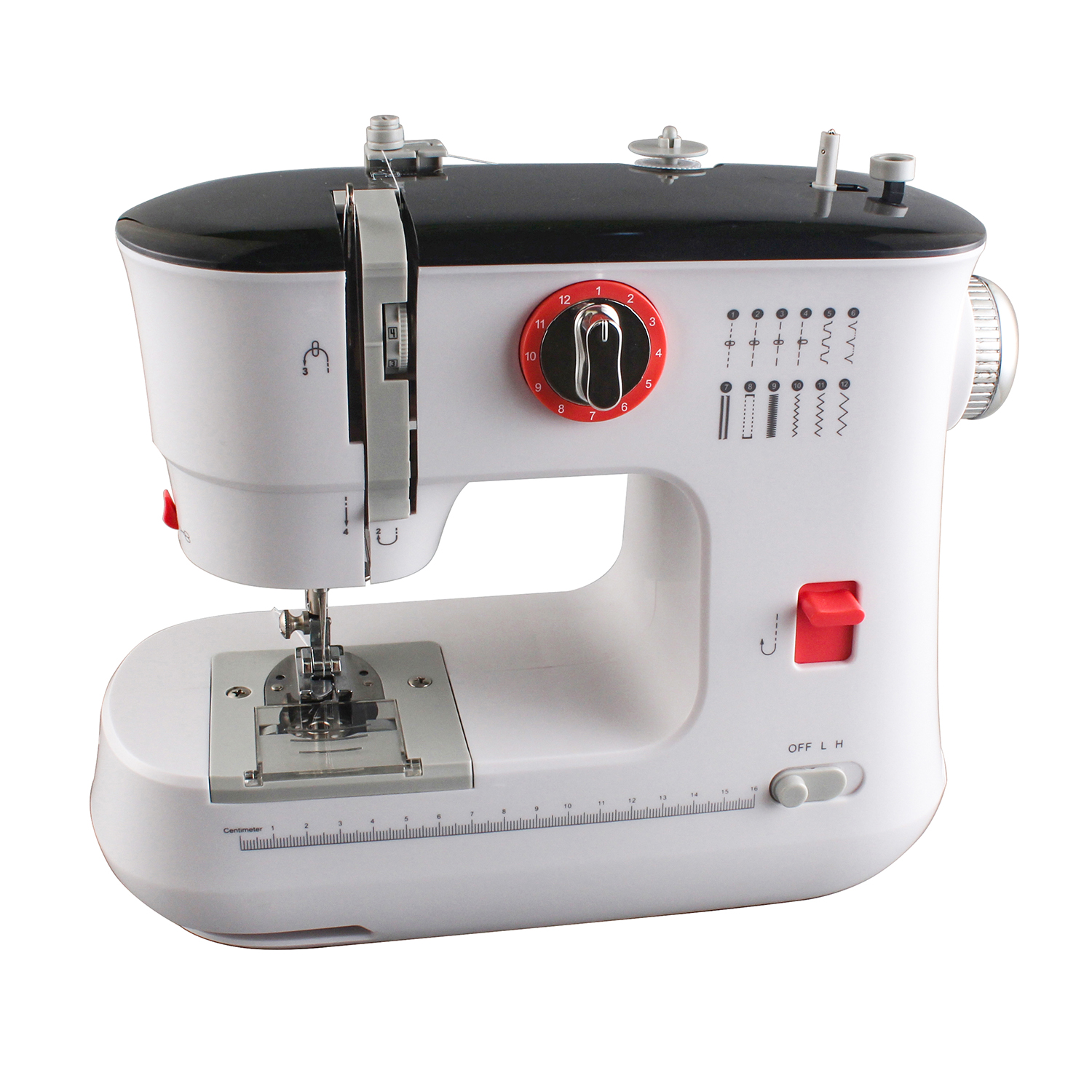 Front view of FHSM-519 electric sewing machine showing control knobs and stitch patterns