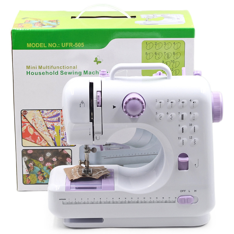 Woman using household sewing machine for home DIY